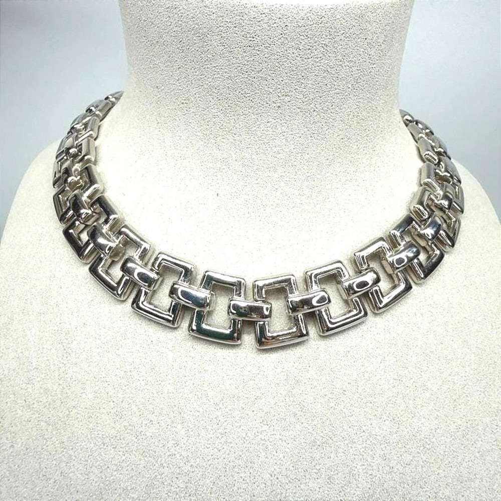 Vintage Chunky Silver Tone Choker Necklace Square Link 16" Heavy Bold Statement - Picture 2 of 11